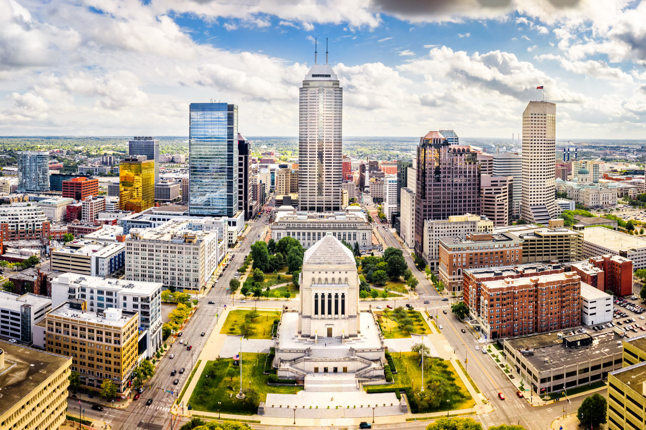 Image of an aerial view of the Indianapolis, Indiana skyline.