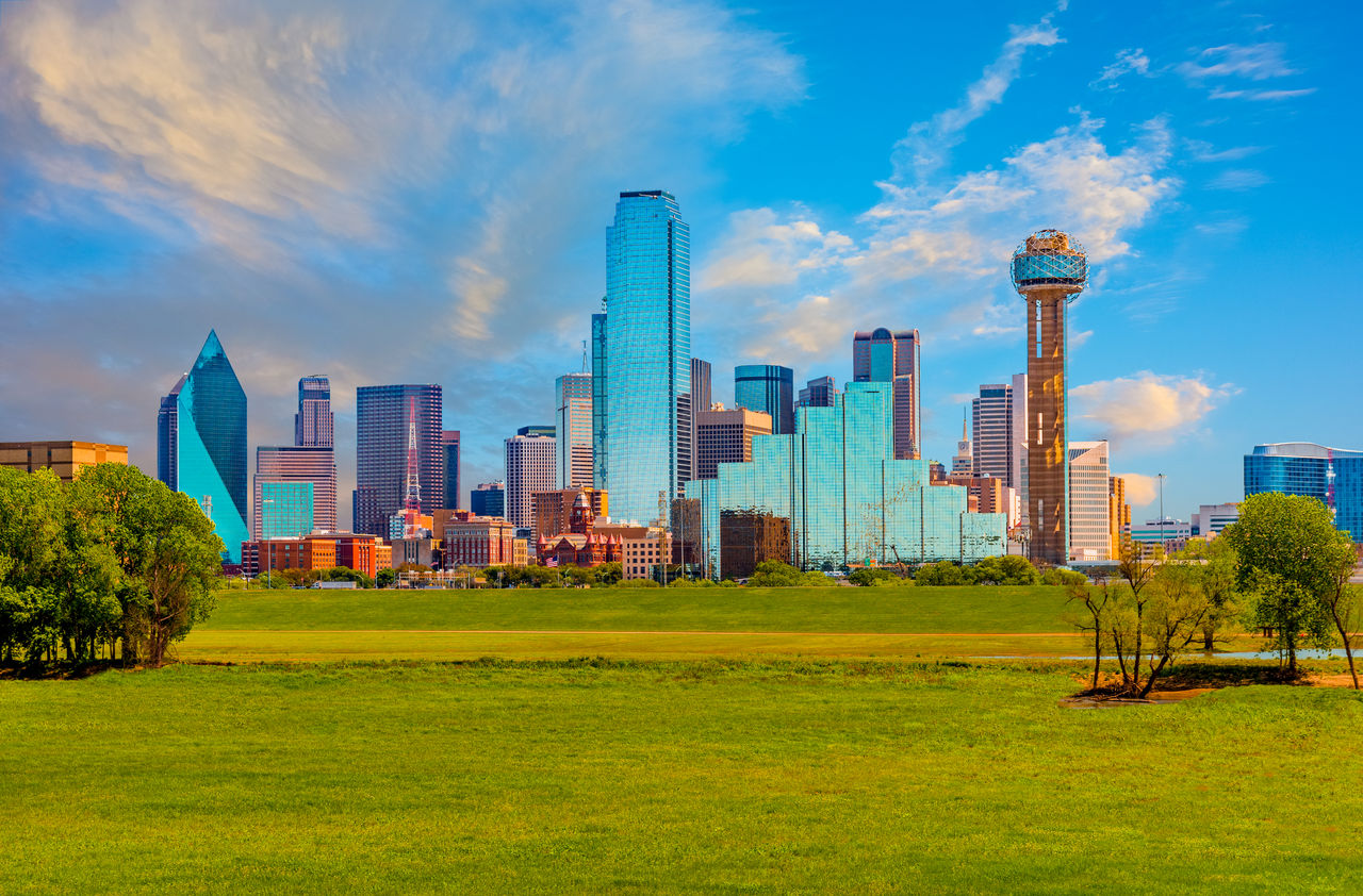 Image of The Dallas urban skyline during springtime.